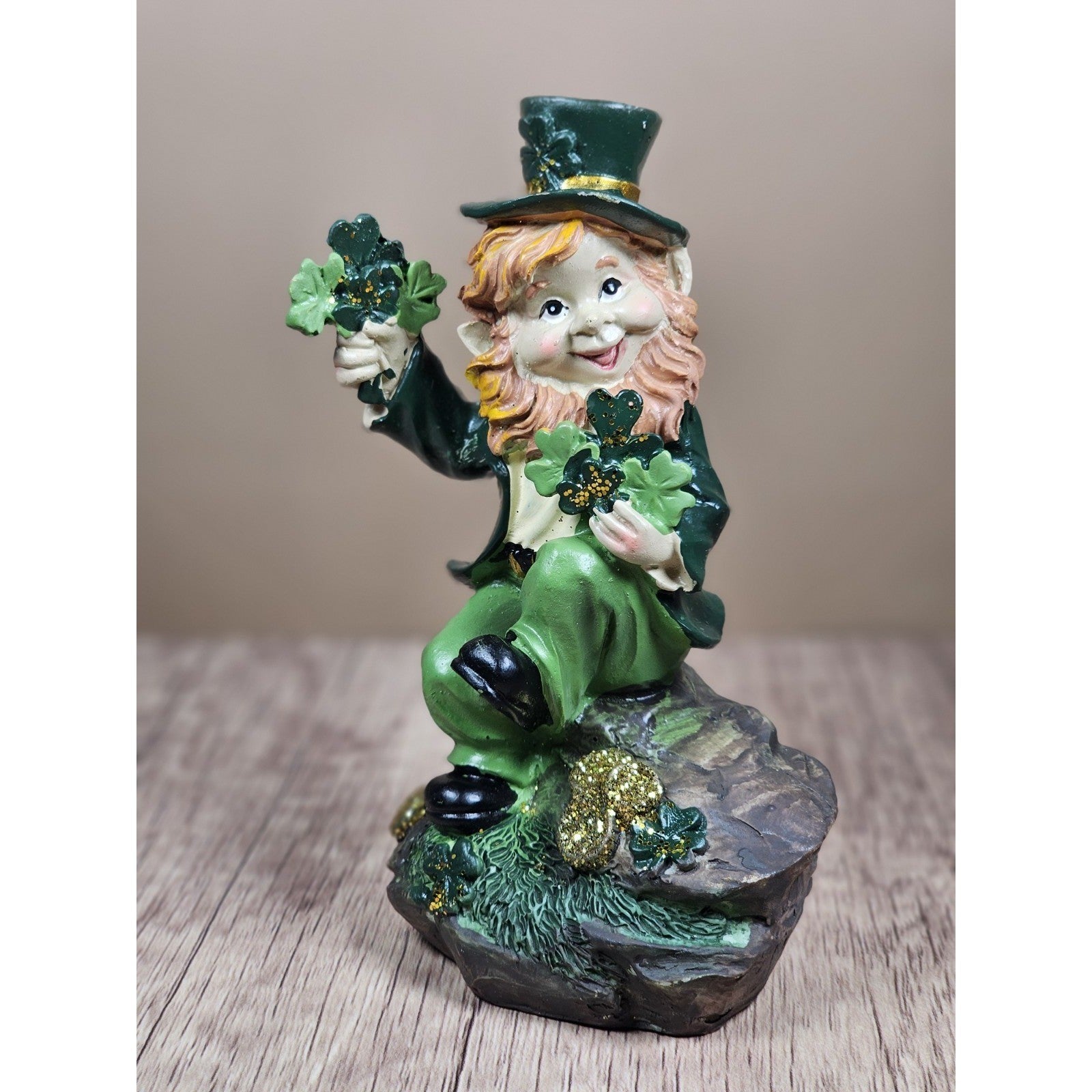 Vintage Saint Patrick's Day Leprechaun Pottery Figurine with Shamrocks