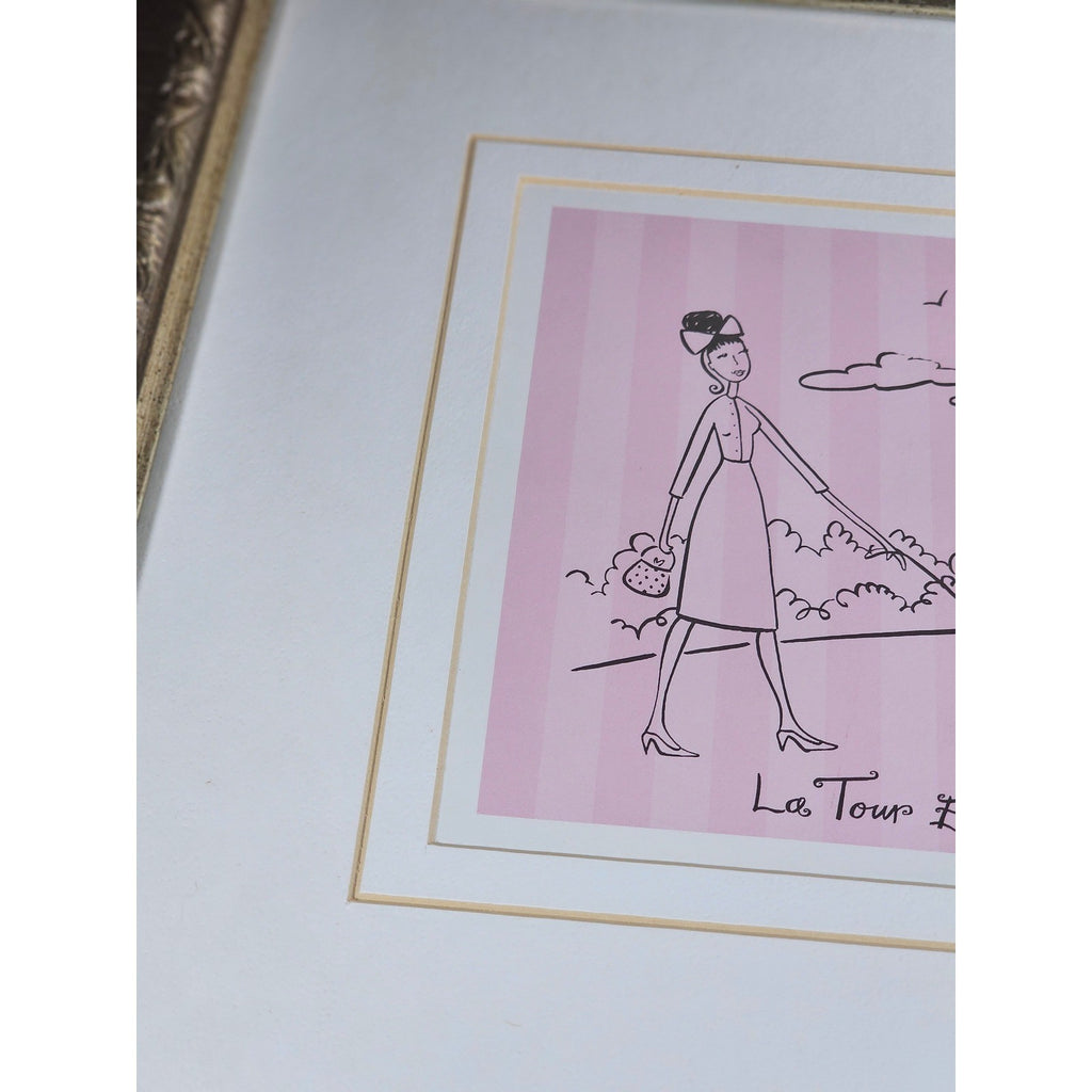 Vintage Paris Eiffel Tower Art Print Framed 13x13 French Poodle Illustration