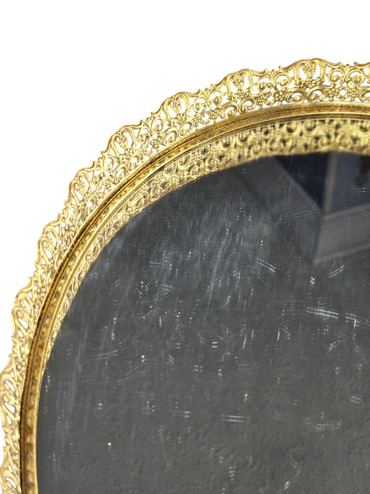Vintage Oval Mirror Vanity Tray With Ornate Gold Filigree Design