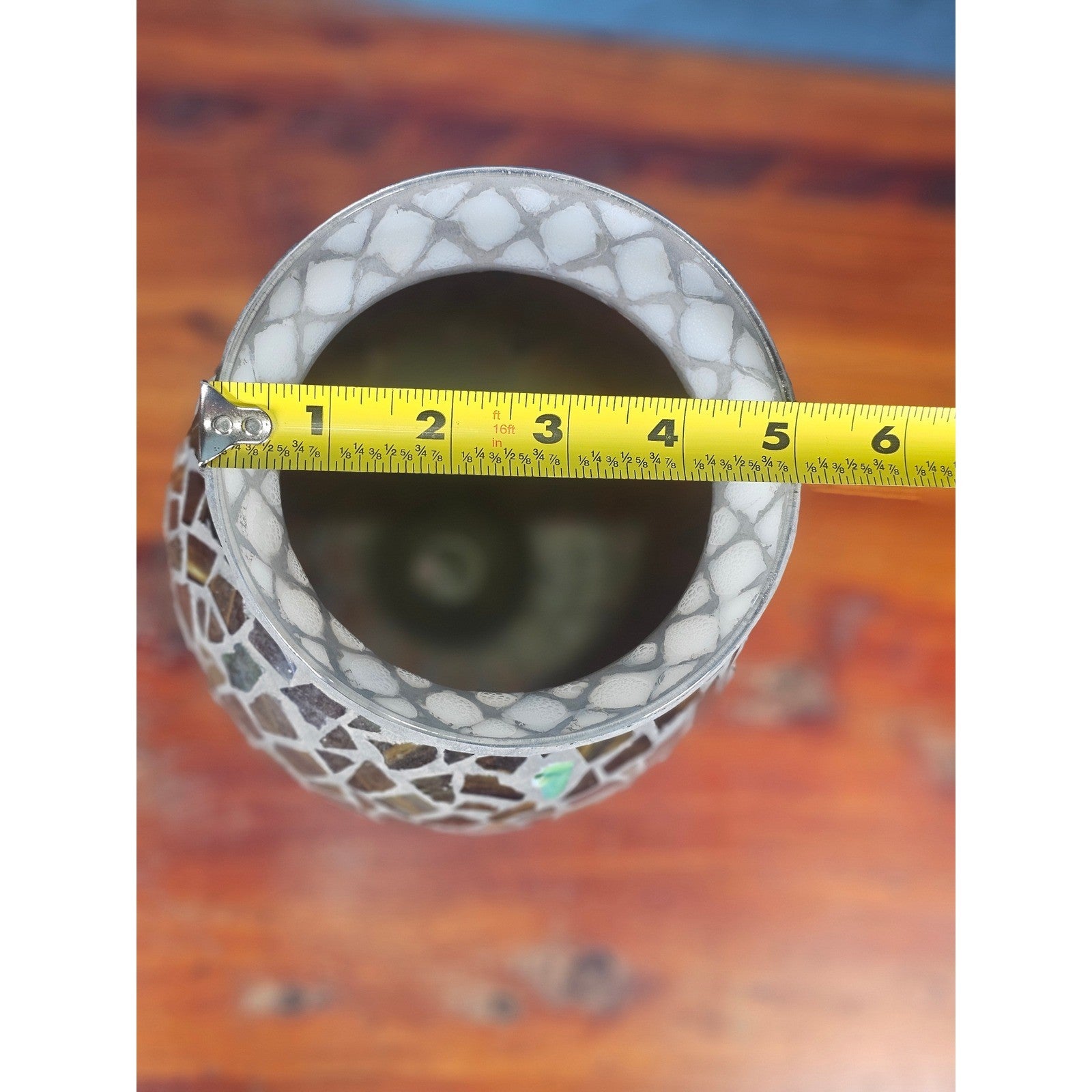 Home Interiors Mosaic Glass Pedestal Vase Amber Green Decorative Footed Vase