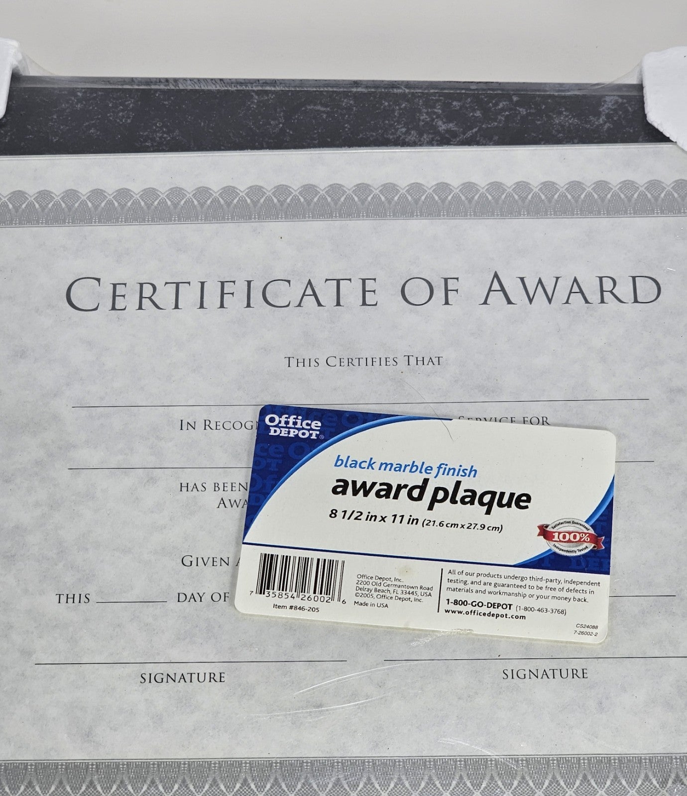 Office Depot Award Black Marble Finish Plaque 8.5in X 11in  Brand New
