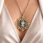 Vintage Cameo Pendant Necklace Gold Tone Aurora Borealis Rhinestones
