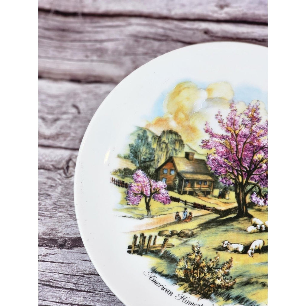 Vintage Currier & Ives Style Pastoral Plate Spring Farm Scene Japan 6.5"