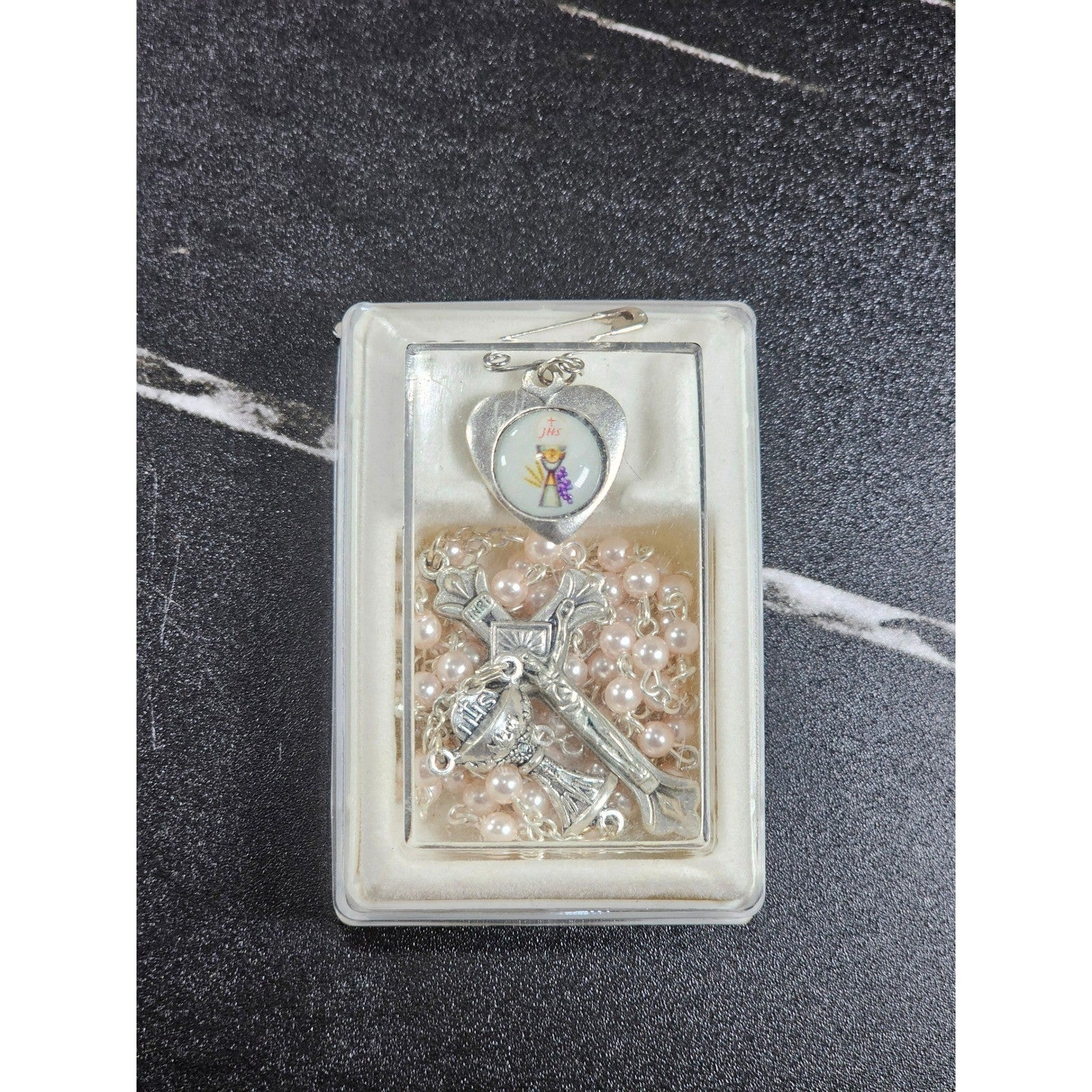 Vintage Rosary Necklace & Heart Pin Set with Case Religious
