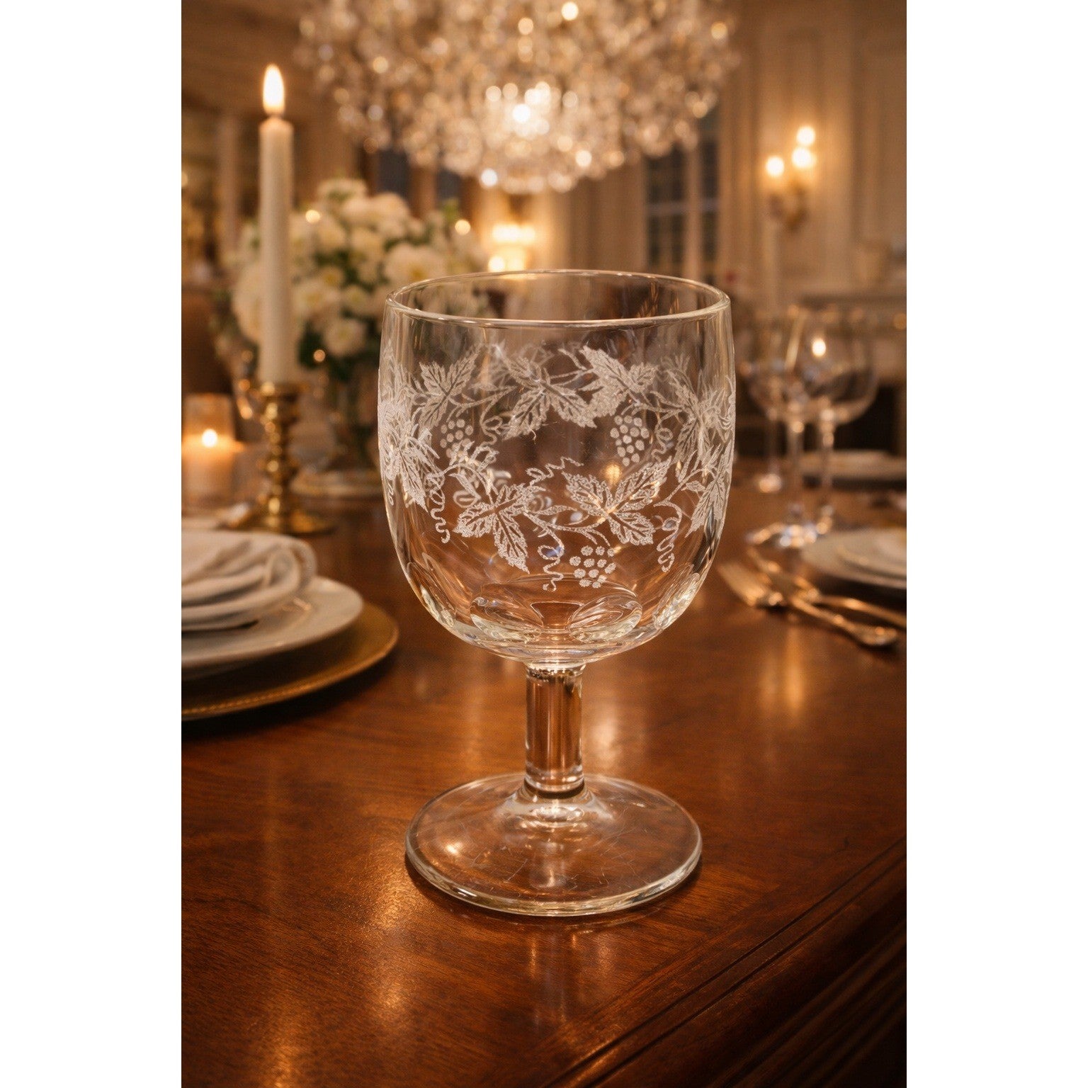 Vintage Etched Glass Goblet Grape Vine Design Clear Stem Wine Glass