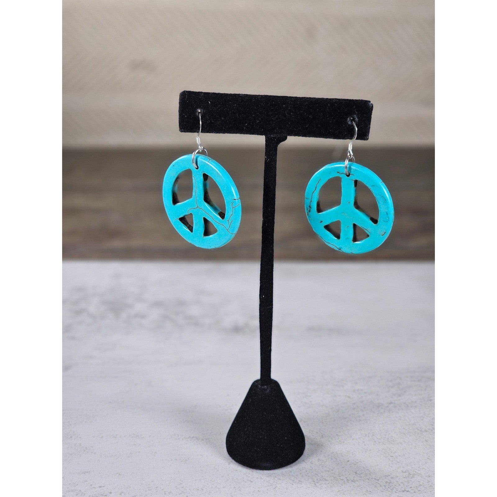 Vintage Turquoise Peace Sign Dangle Earrings Boho Hippie Style