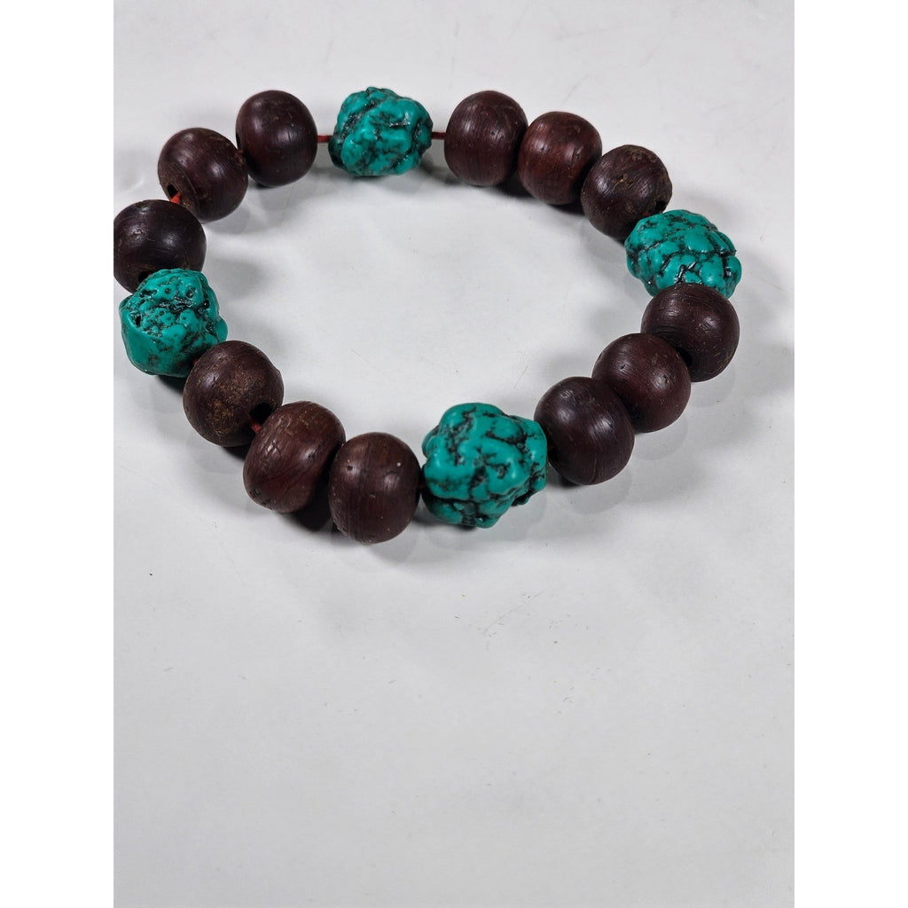 Vintage Wood & Turquoise Bead Stretch Bracelet Rustic Boho