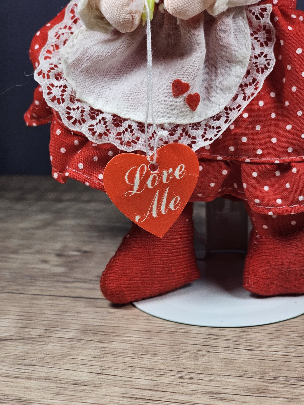 Vintage Rag Doll – Red Polka Dot Dress with Heart & Flower Accents