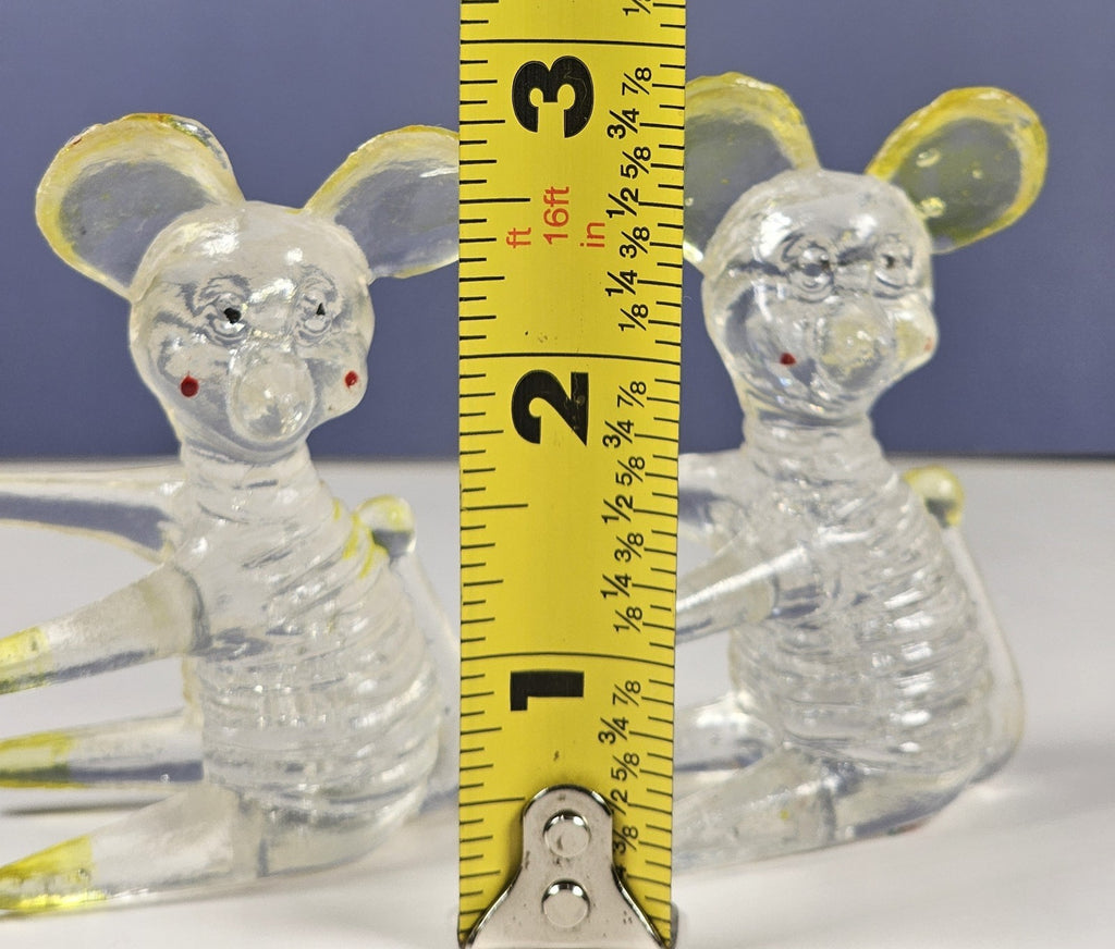 Set Of 2 Lucite Clear Acrylic Mouse Figurines 2 3/4 Inches With Yellow Ears & Ac