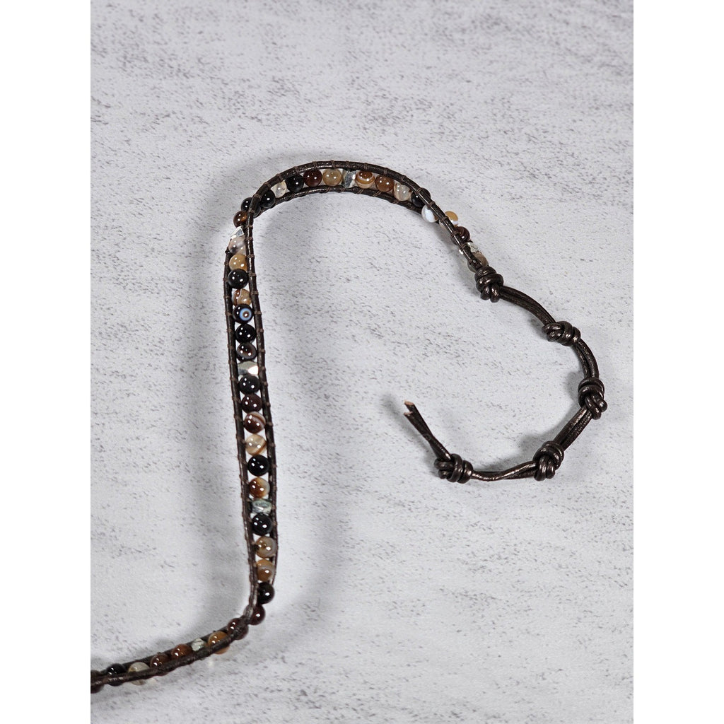 Brown Beaded Wrap Bracelet Leather Cord Multi Tone Stone Boho