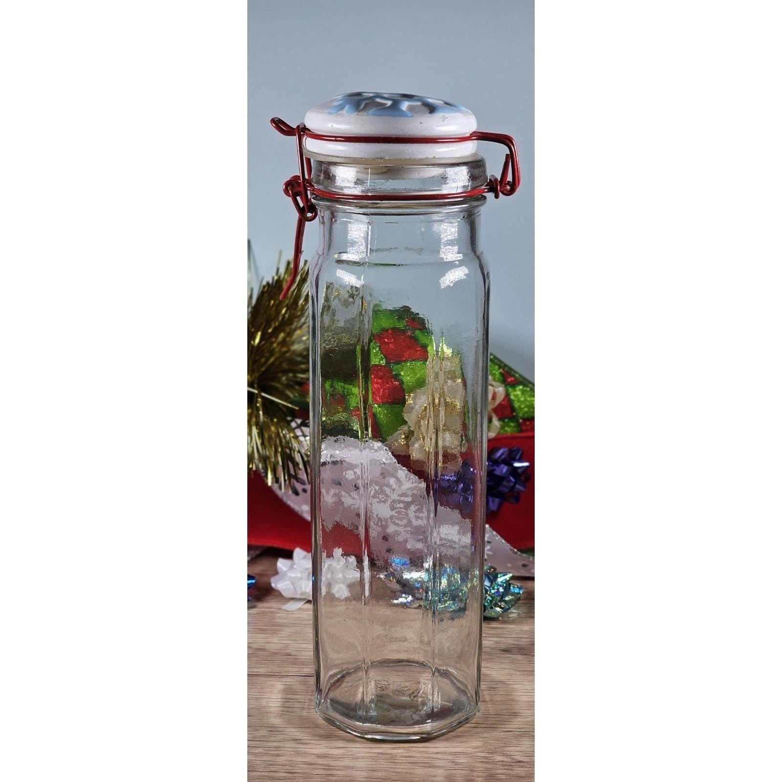 Vintage Glass Storage Jar Red Clamp Lid Snowflake Top 9 Inch