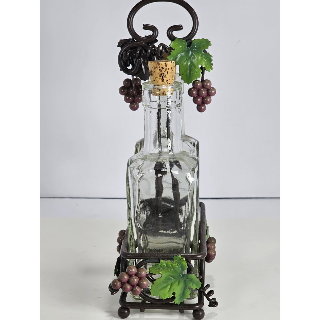Glass Oil and Vinegar Cruet Set with Cork Stoppers and Metal Grape Caddy