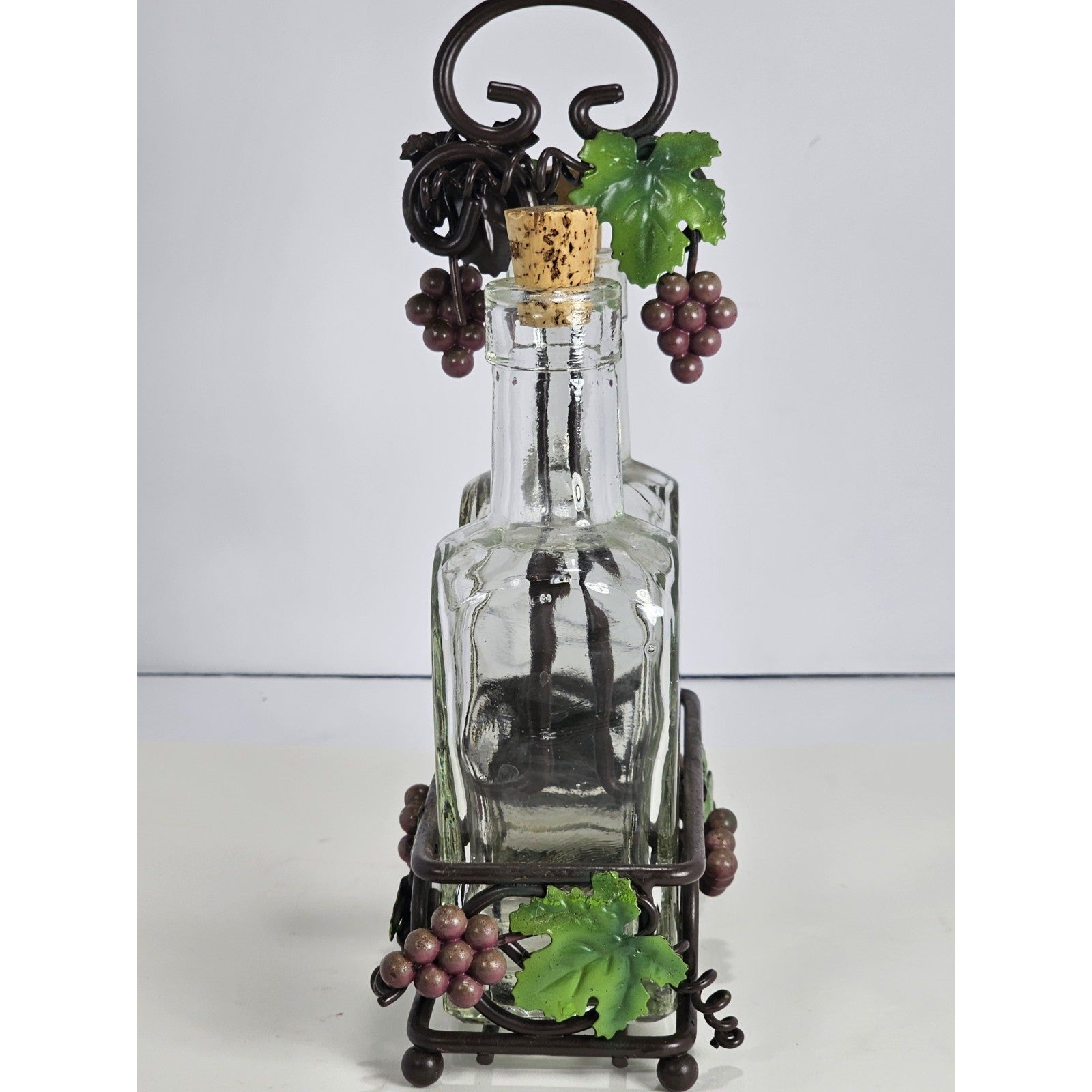 Glass Oil and Vinegar Cruet Set with Cork Stoppers and Metal Grape Caddy