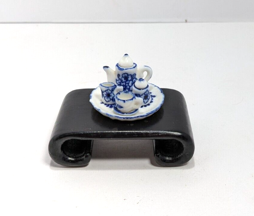 Dollhouse Tea Set with Blue White Floral Ceramic 1:12 Scale Miniature