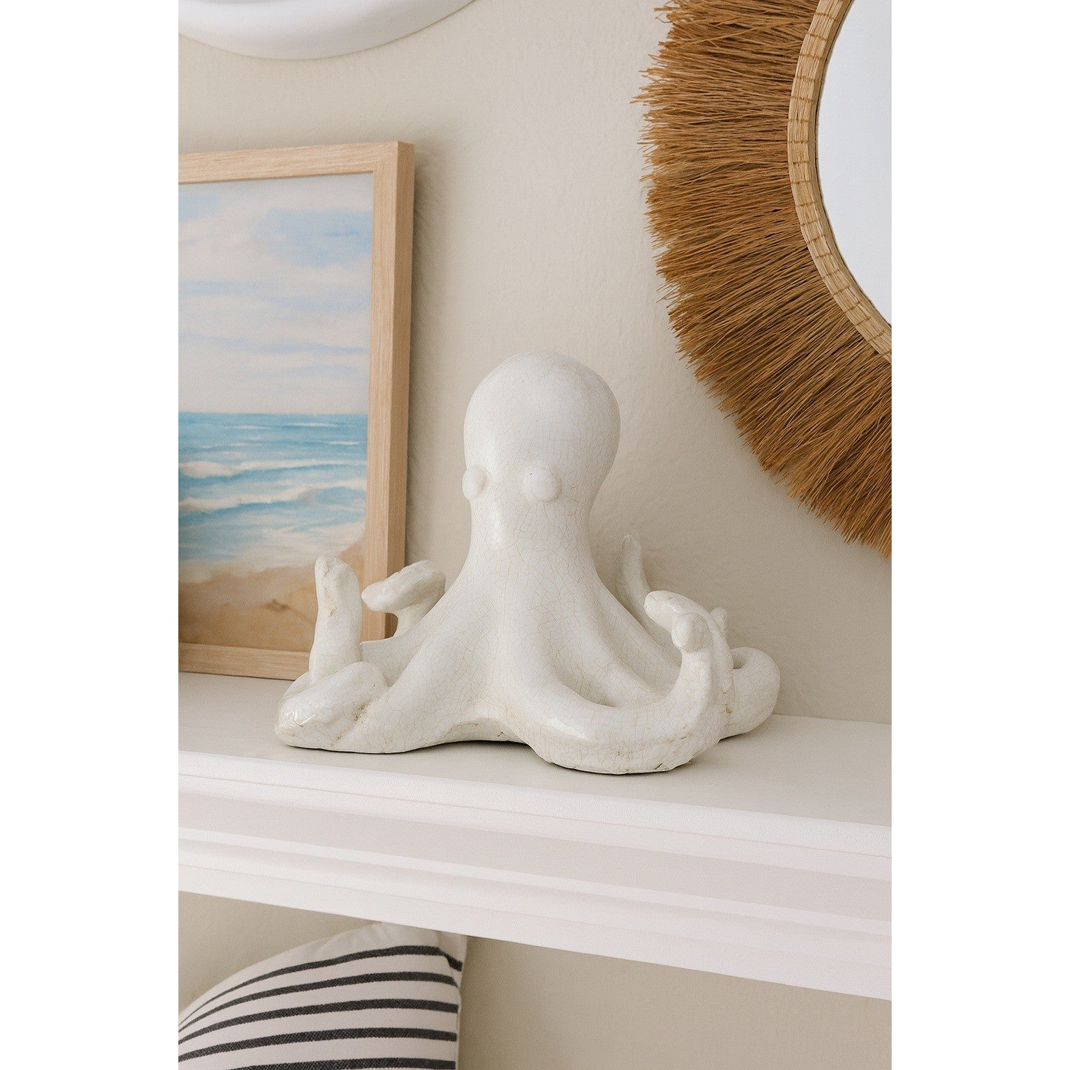 White Crackle Glaze Ceramic Octopus Figurine Nautical Coastal Home Decor Accent