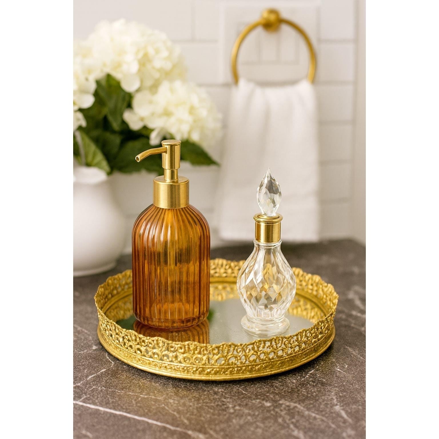 Vintage Gold Filigree Oval Vanity Mirror Tray Decorative Dresser Display