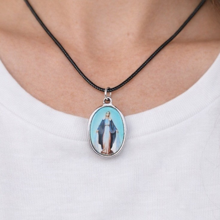 Vintage Madonna Pendant Necklace Blue Enamel Oval Cross Back