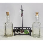 Vintage Oil Vinegar Cruet Set Glass Bottles Metal Caddy