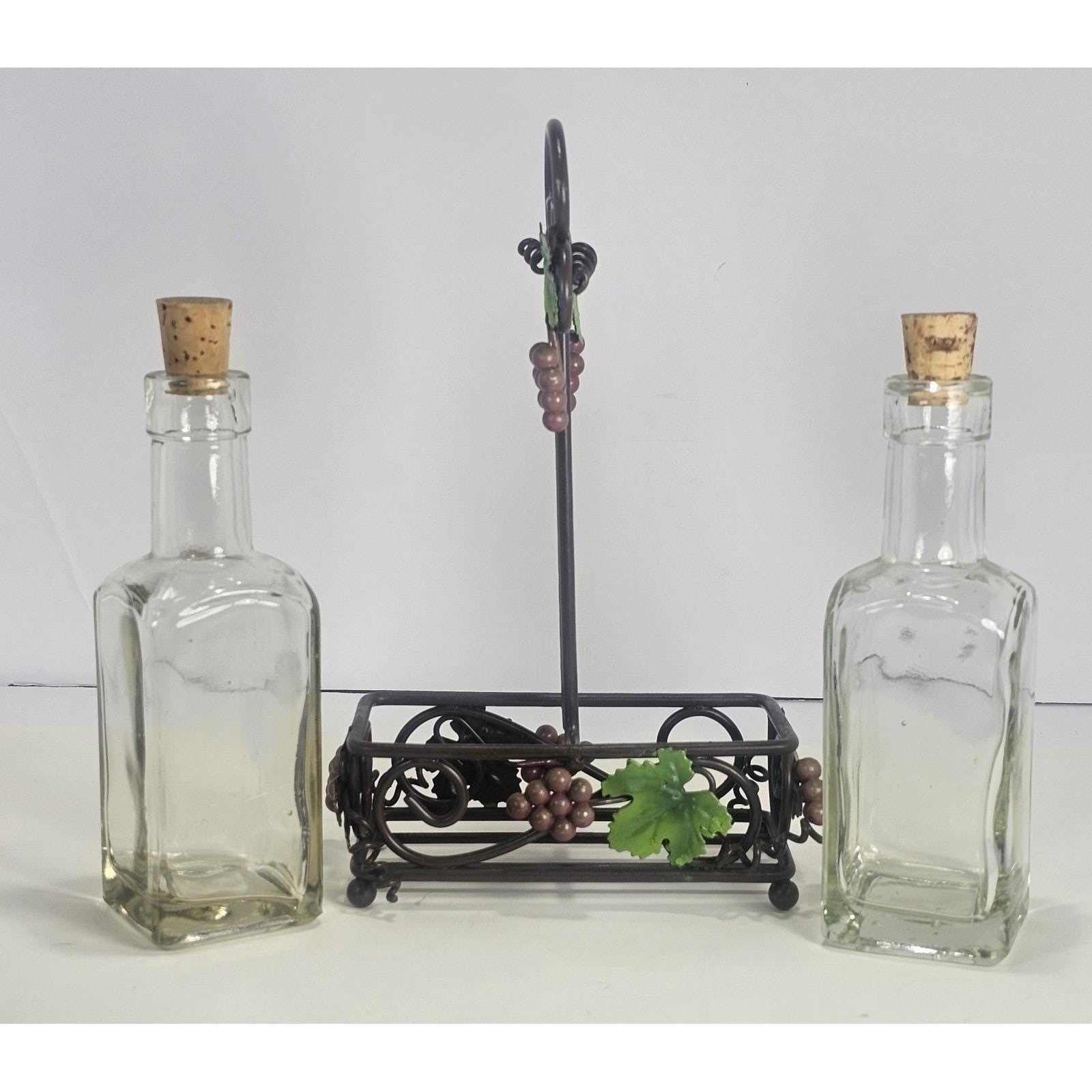 Vintage Oil Vinegar Cruet Set Glass Bottles Metal Caddy
