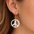 Vintage Boho Peace Sign Dangle Earrings Sterling Silver Hooks White Brown 1.5"