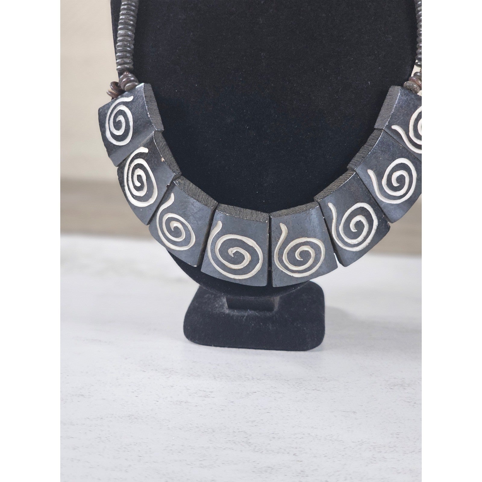Vintage Tribal Carved Wood Spiral Necklace Statement Collar Black