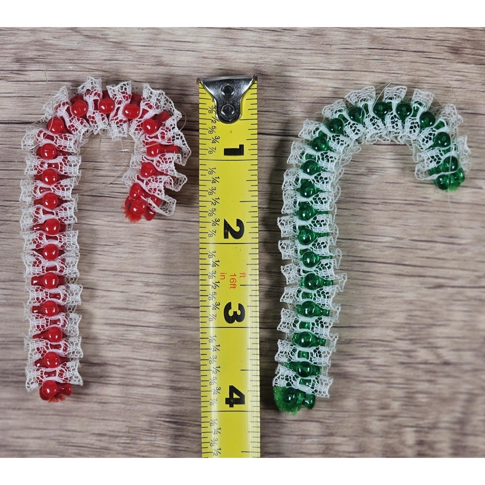 Vintage Lace Candy Cane Ornaments Set of 2 Red Green Beaded Decor