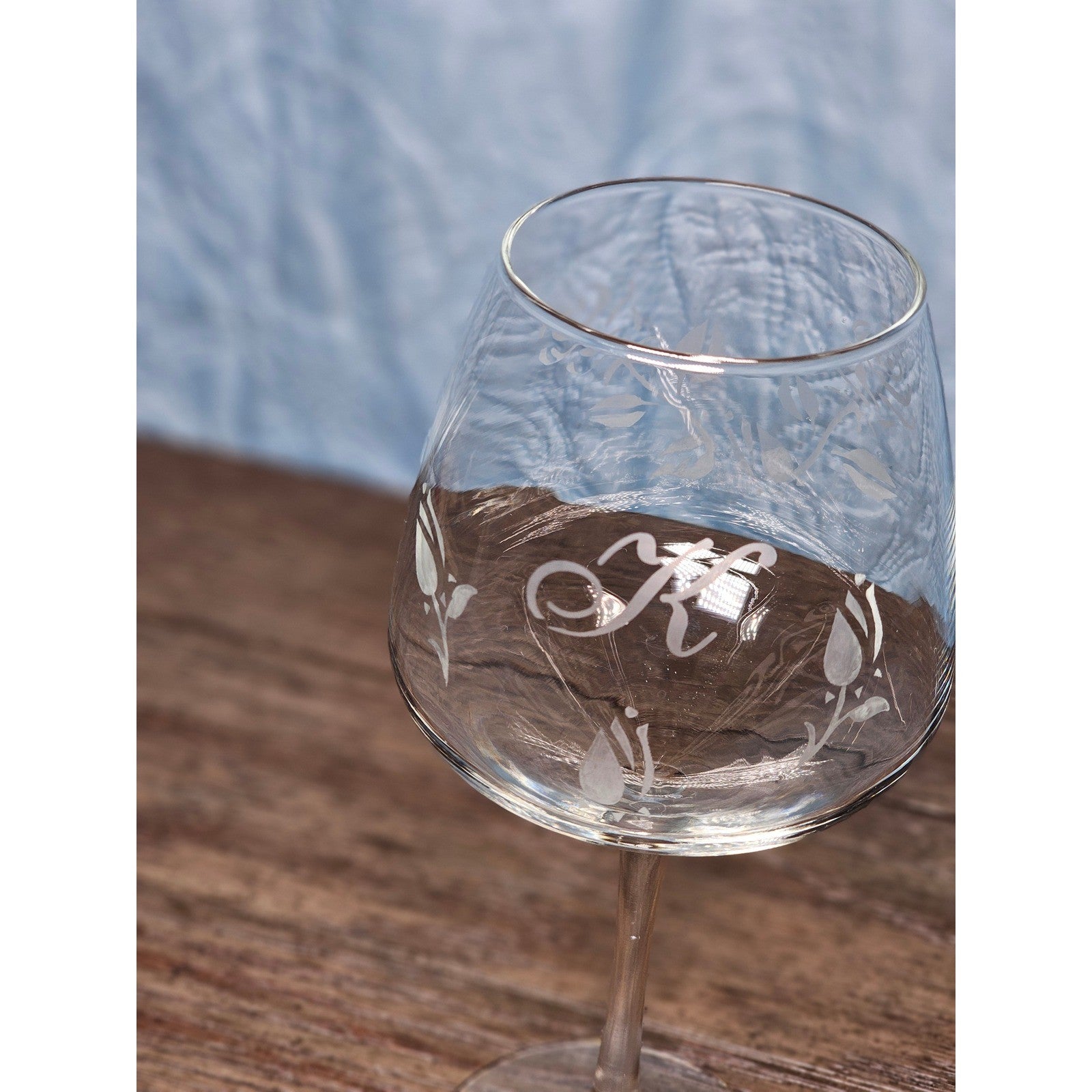 Vintage Etched Rose Wine Glass with Letter K 8.5 Inch Clear Stemware