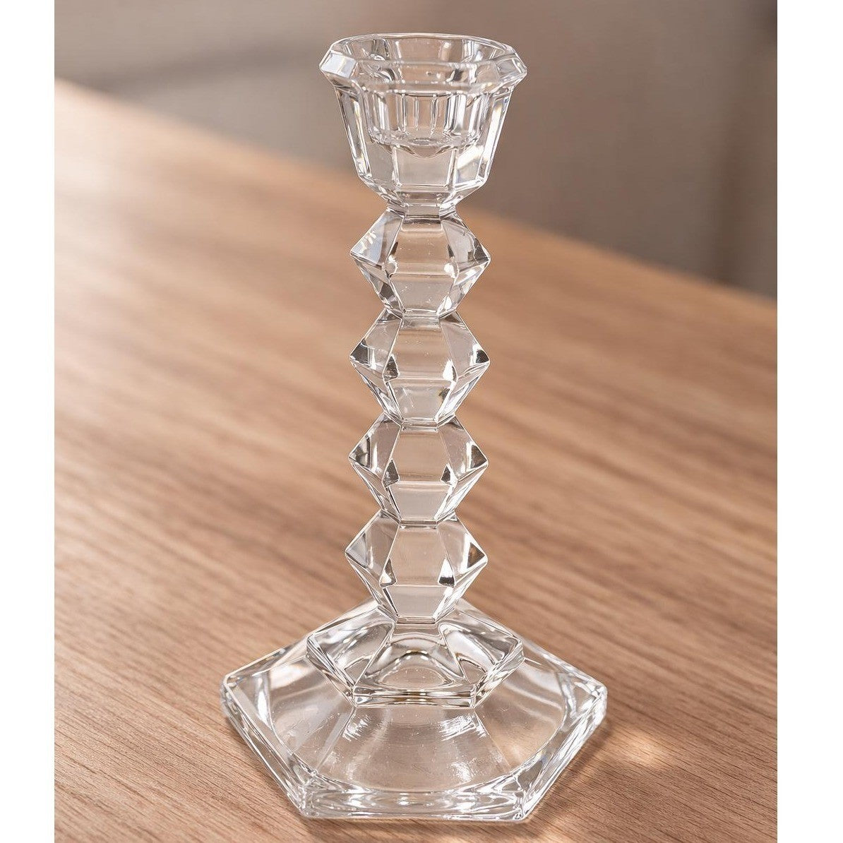 Vintage Faceted Crystal Candlestick Holder Hexagonal Base 5 Inch