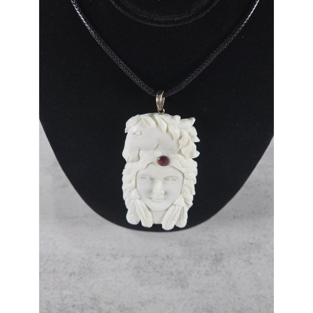 Vintage Carved Face & Horse Pendant Necklace with Red Stone