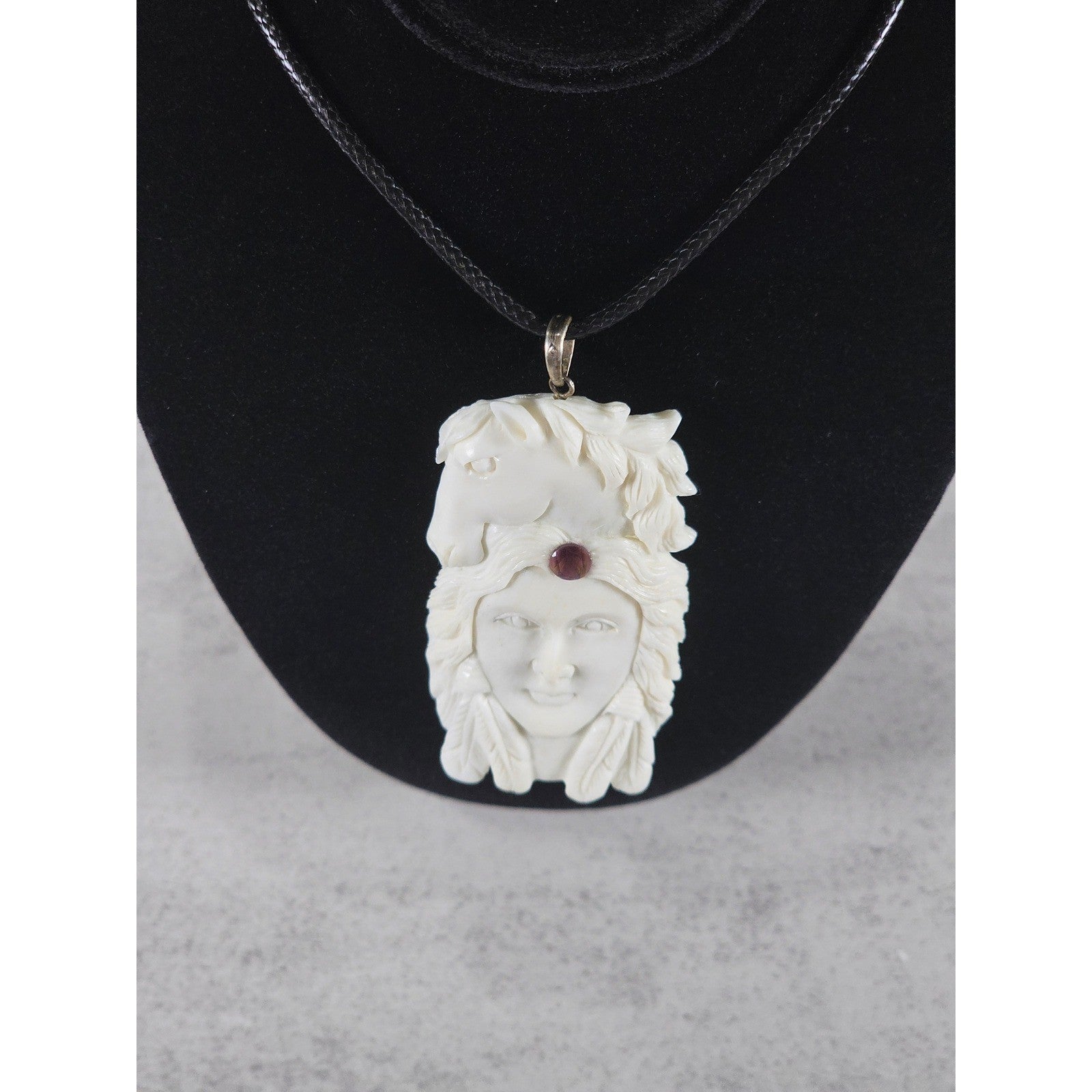 Vintage Carved Face & Horse Pendant Necklace with Red Stone