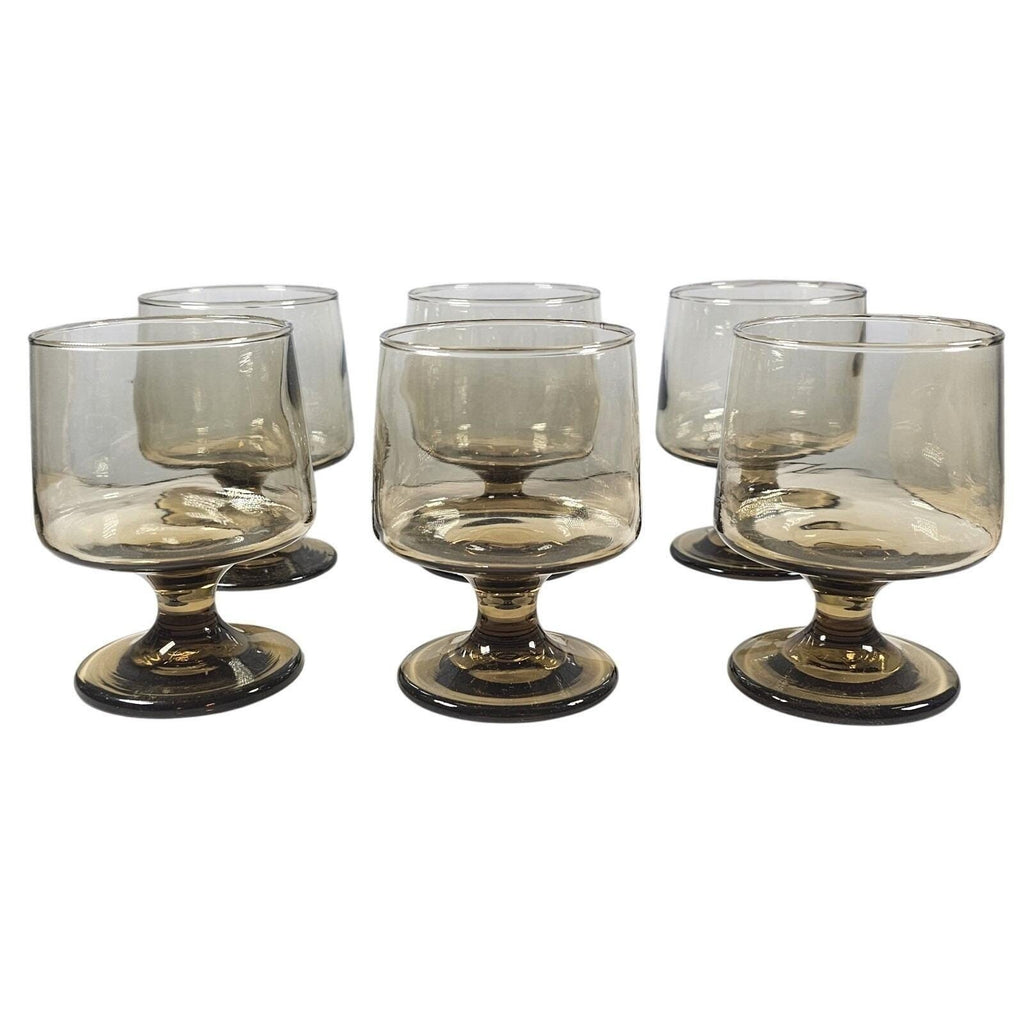 Mid Century Smokey Glass Goblets Set of 6 Vintage Footed Wine Glasses