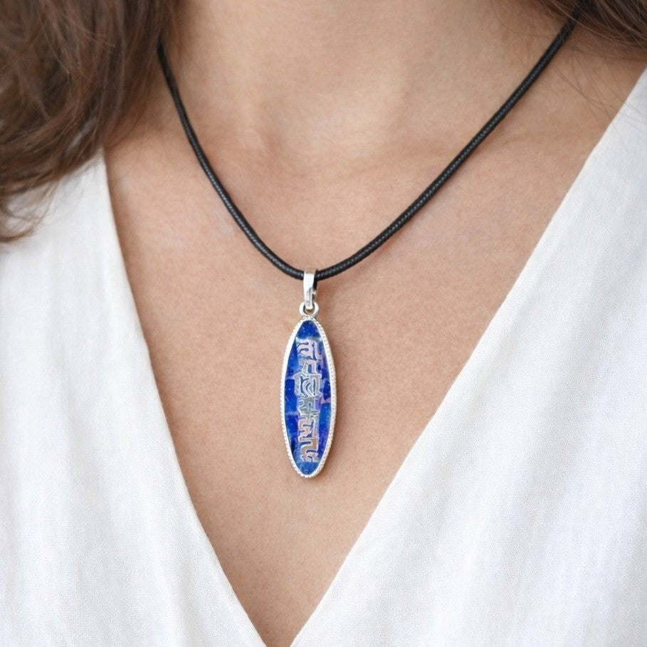 Vintage Sterling Silver Blue Enamel Script Pendant Necklace