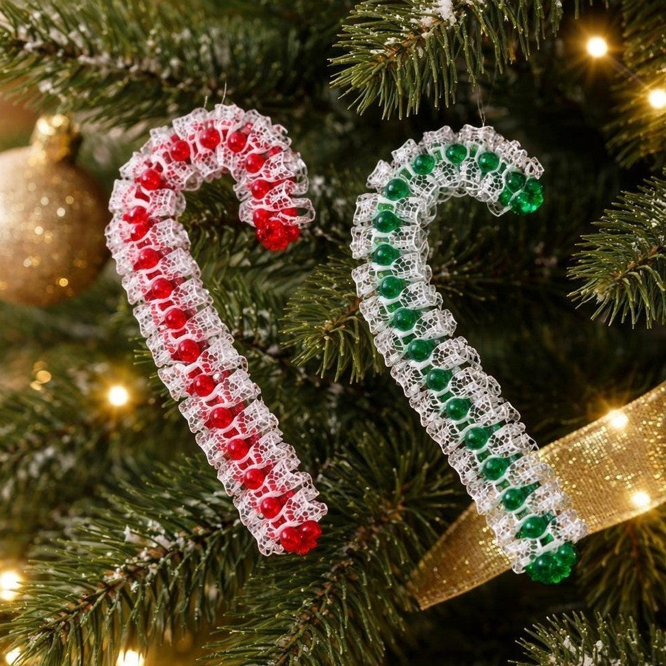 Vintage Lace Candy Cane Ornaments Set of 2 Red Green Beaded Decor