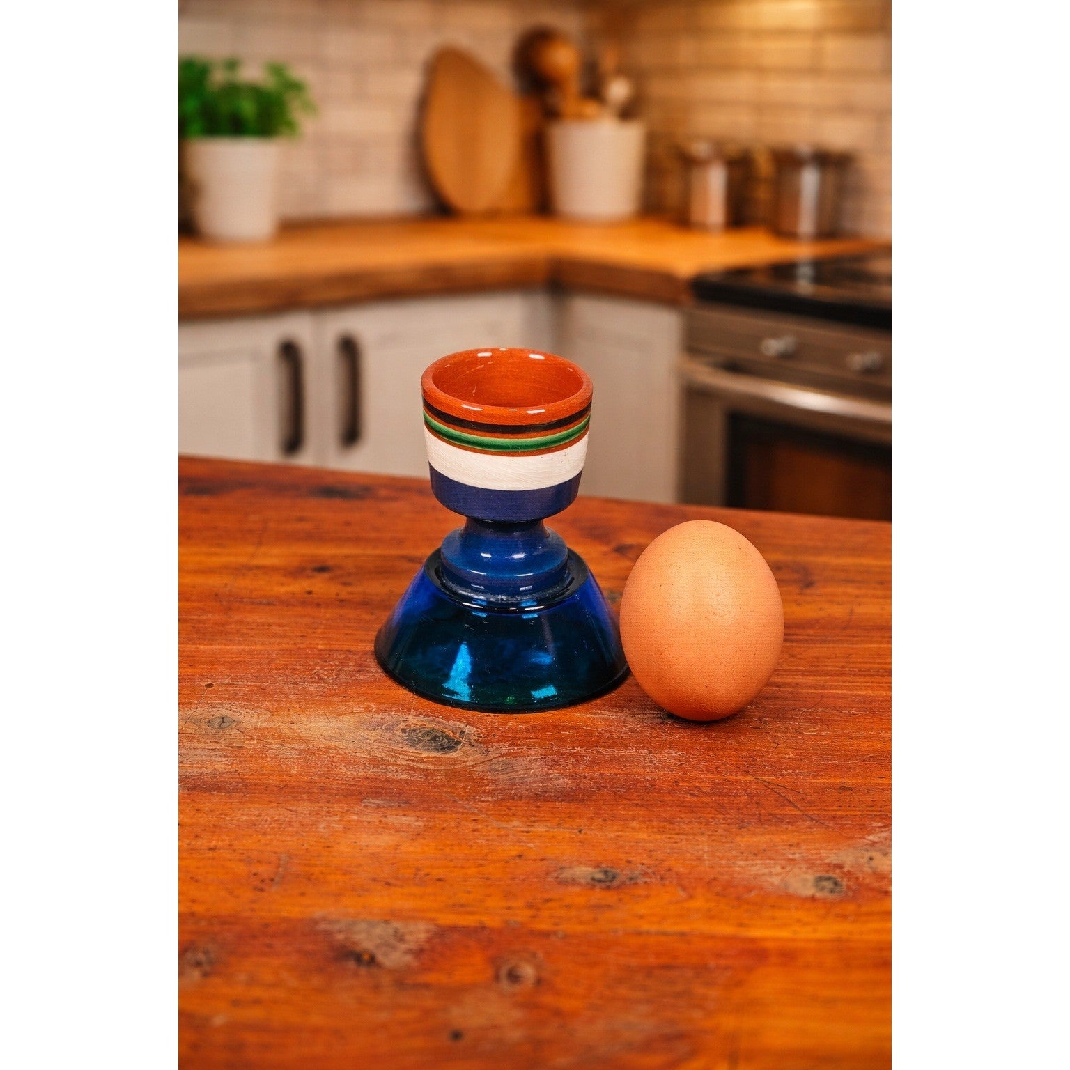 Vintage Nittsjo Sweden Egg Cup Blue Glass Base Hand Painted Ceramic Top