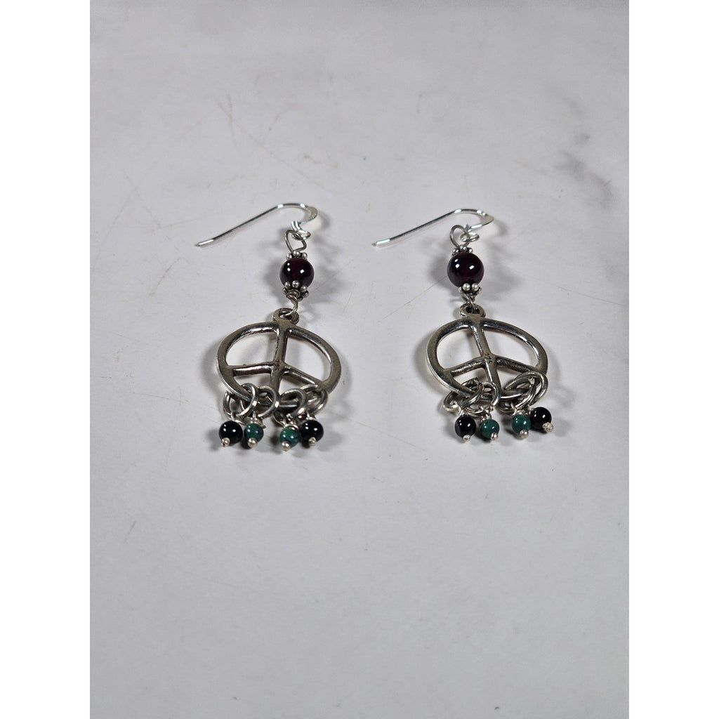 Vintage Peace Sign Dangle Earrings Garnet Bead Accent