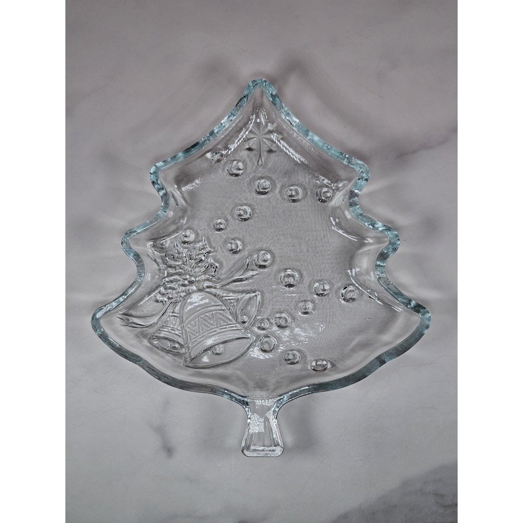 Vintage Pressed Glass Christmas Plate Bells Bows Tree Shape 7.5 Inch