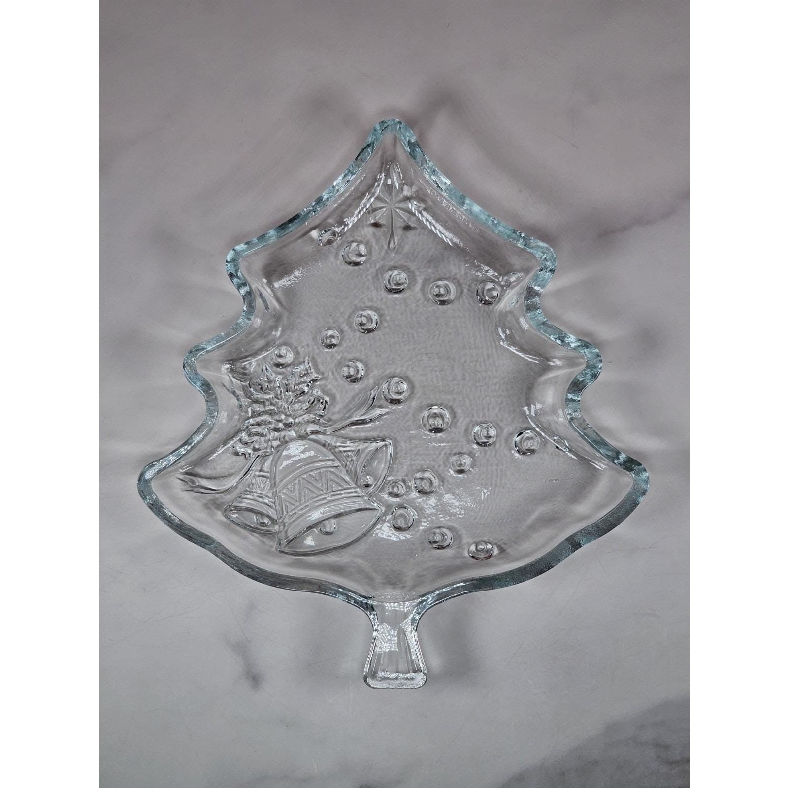 Vintage Pressed Glass Christmas Plate Bells Bows Tree Shape 7.5 Inch