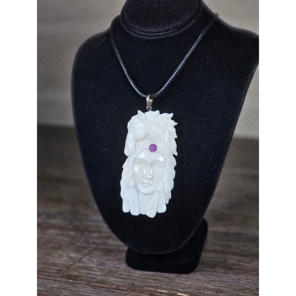 Vintage Buffalo Bone Carved Horse & Native American Figure Pendant Necklace