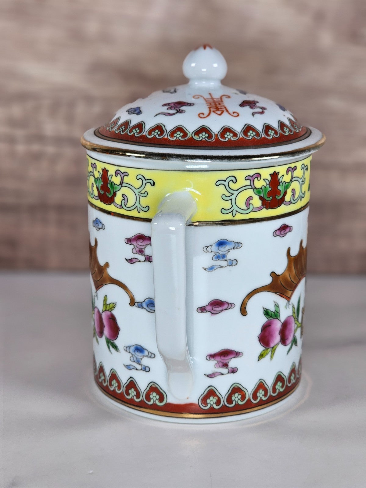 Vintage Jingdezhen Chinese Porcelain Lidded Teacup – Bat Motif, Floral Border