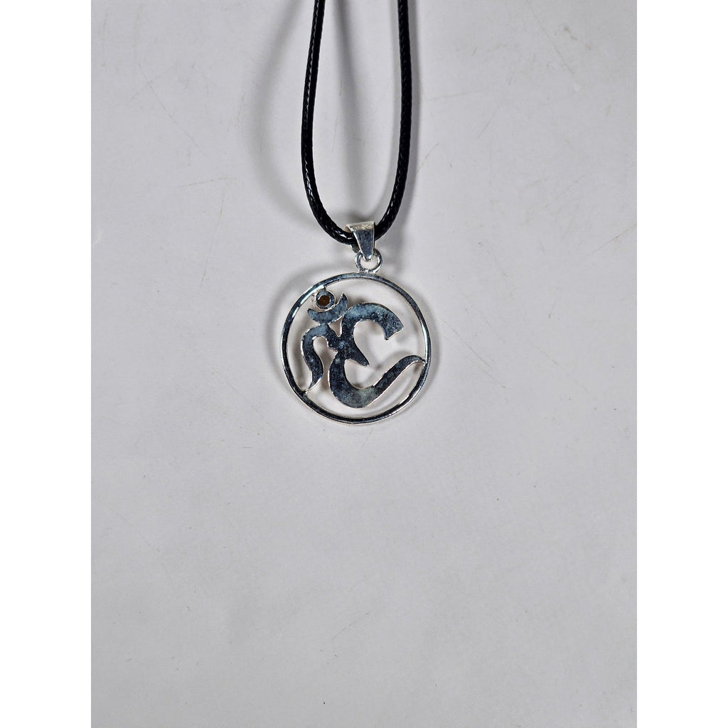 Vintage Sterling Silver Om Pendant Necklace with Amber Stone