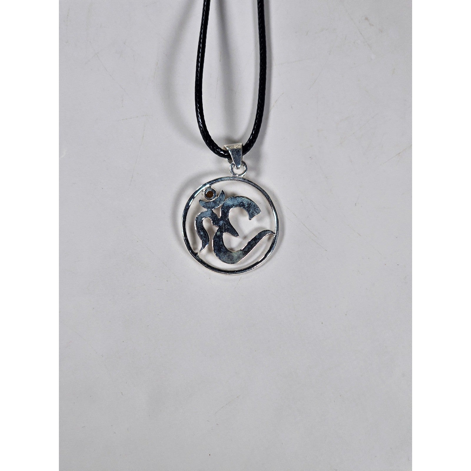 Vintage Sterling Silver Om Pendant Necklace with Amber Stone