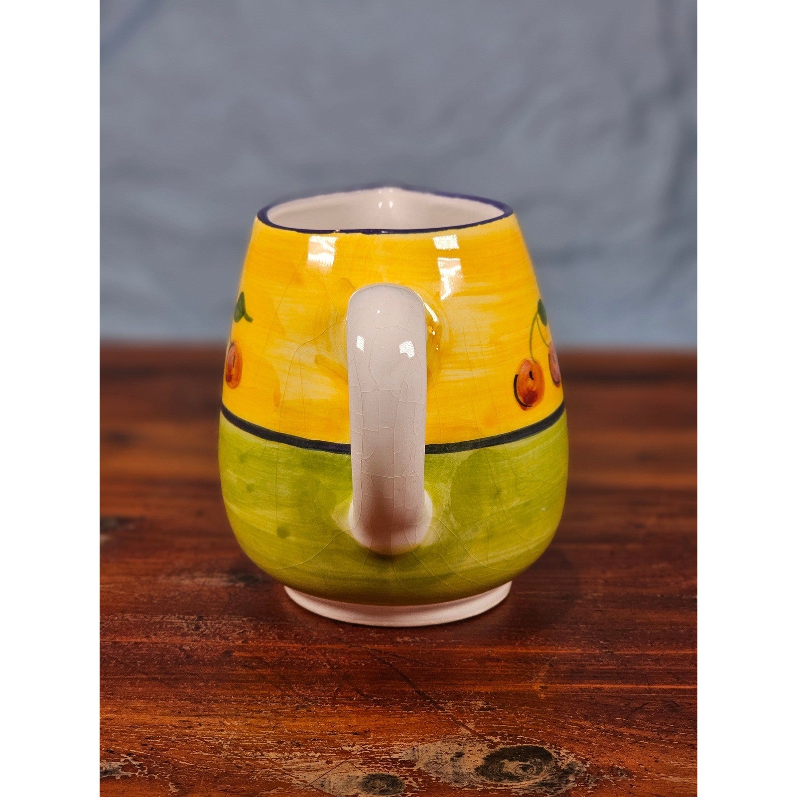Vintage Ceramic Small Cherry Pitcher Yellow Green Hand Painted Country Kitchen