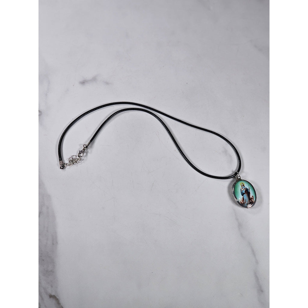 Vintage Madonna Pendant Necklace Blue Green Oval Religious Charm