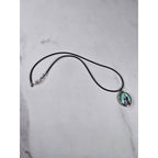 Vintage Madonna Pendant Necklace Blue Green Oval Religious Charm