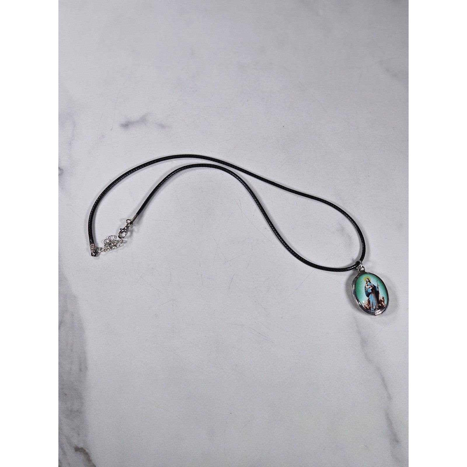Vintage Madonna Pendant Necklace Blue Green Oval Religious Charm