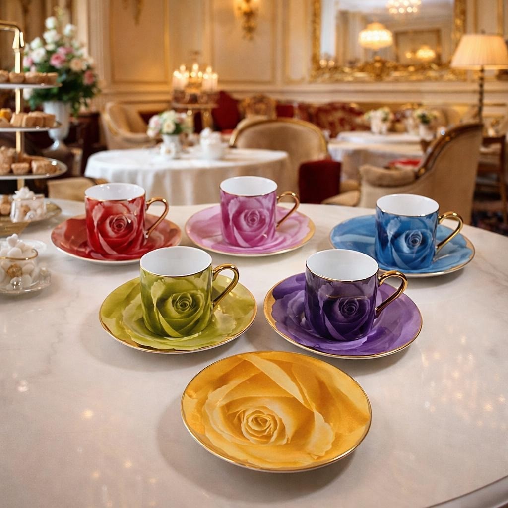 Vintage Floral Coffee Cup & Saucer Set Multicolor Roses Gold Handles