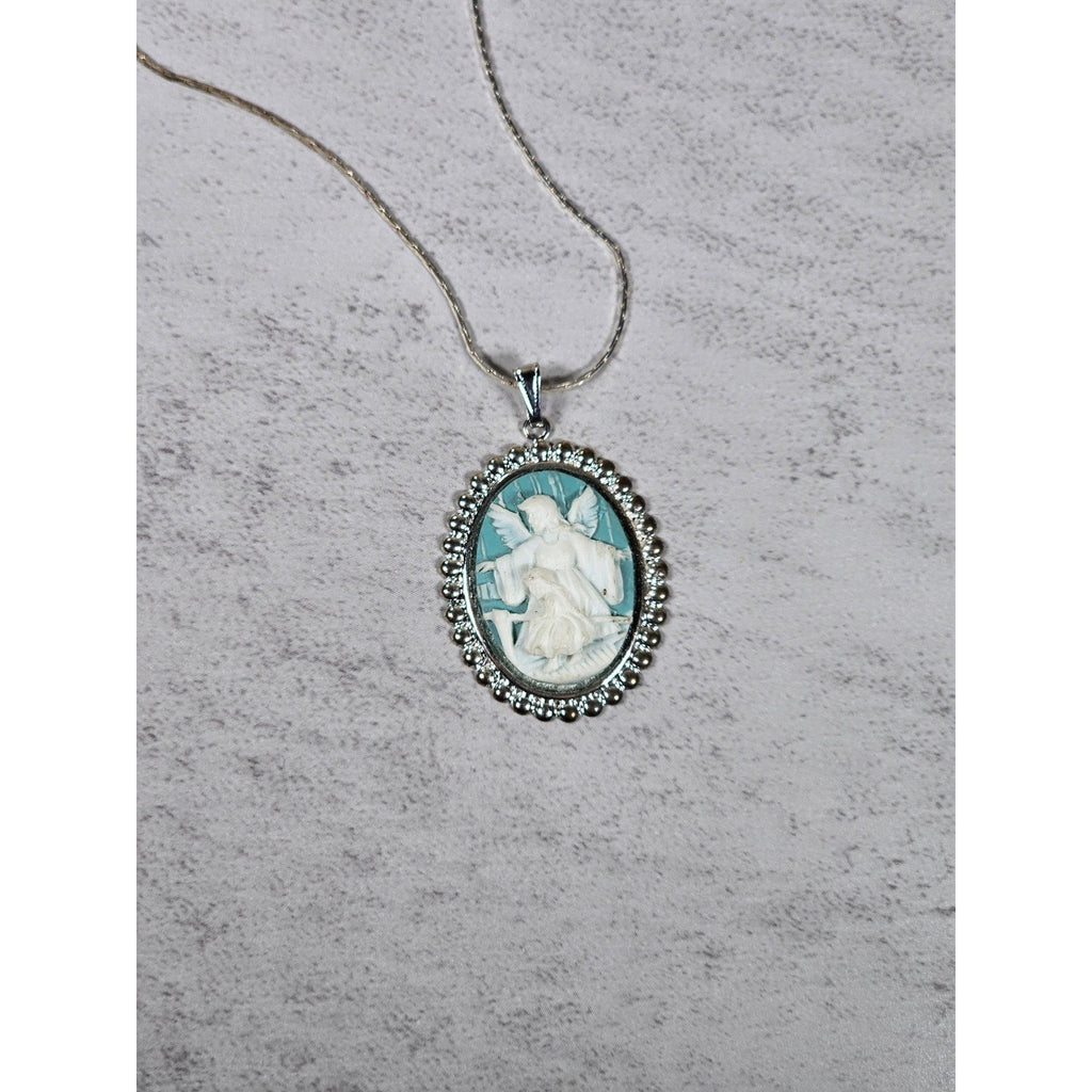 Vintage Angel Cameo Pendant Necklace Blue White Beaded Frame