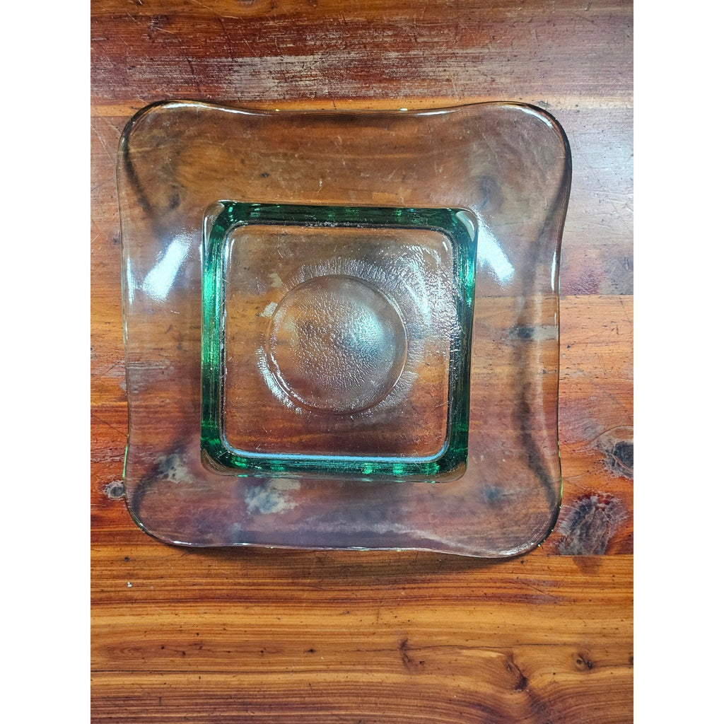 Vintage Green Glass Square Serving Dish Wavy Edge Plate Mid Century