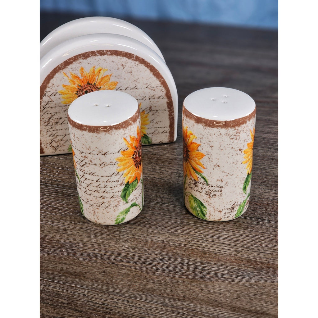 Vintage Sunflower Salt & Pepper Shakers with Matching Napkin Holder Set