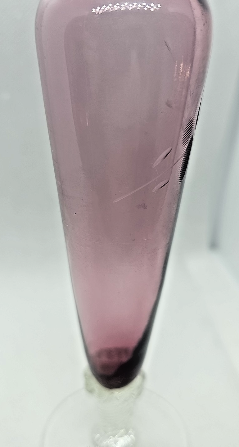 Amethyst Purple Etched Flower Bud Vase • Hand-Blown Glass • Ruffled Edge • 8″